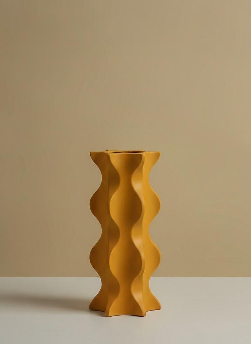 Short matte ceramic wave vase yellow