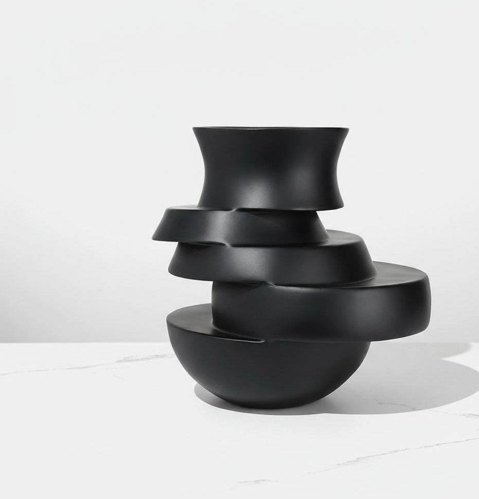 Black matte ceramic stacked vase front view