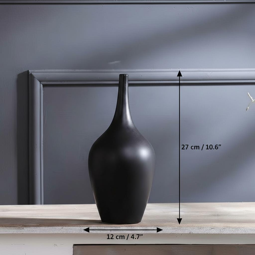Black matte ceramic vase dimensions showing 27cm height