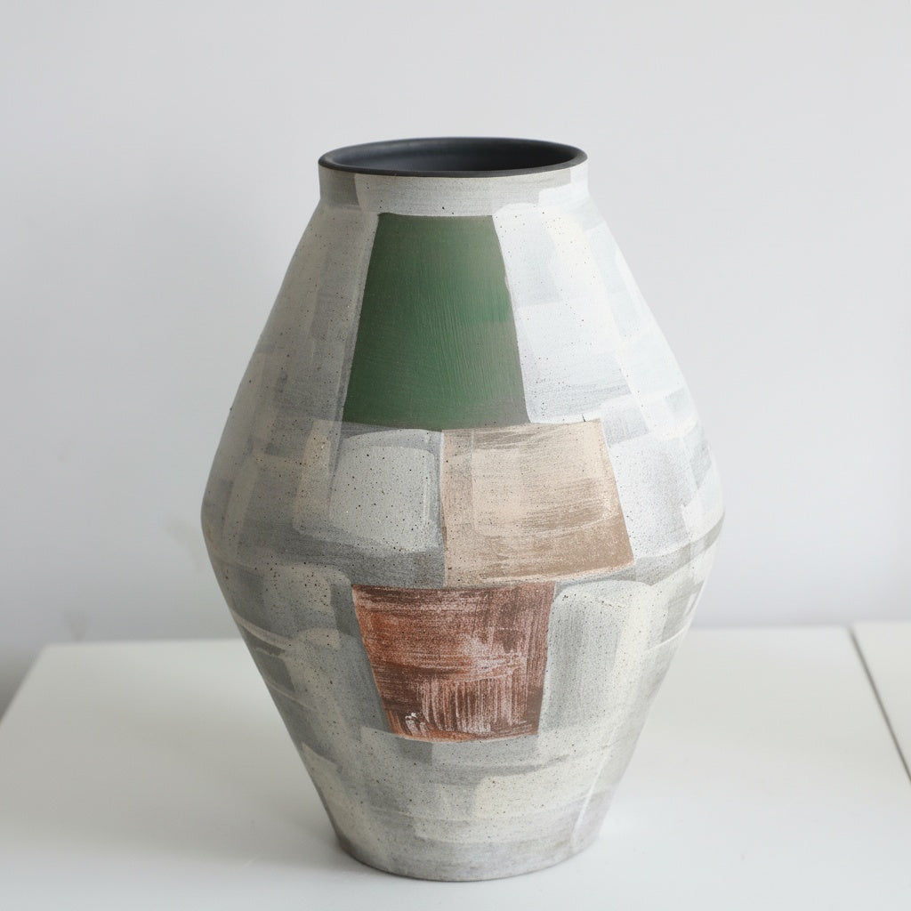 Matte Geometric Painted Ceramic Vase