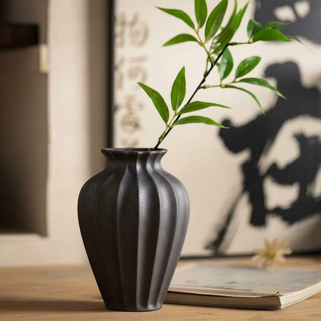 Matte Graphite Ceramic Fluted Vase with botanical branch