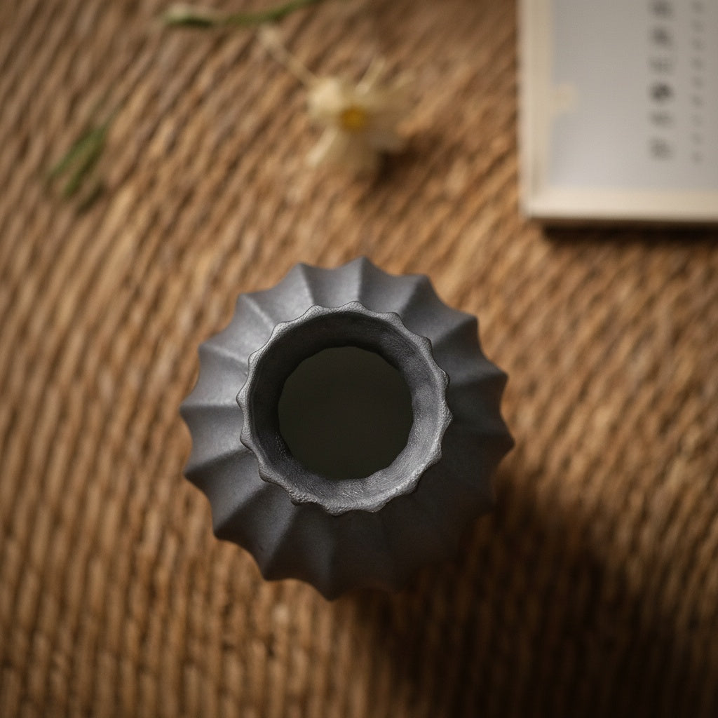 Top view of Matte Graphite Ceramic Fluted Vase showing scalloped edge