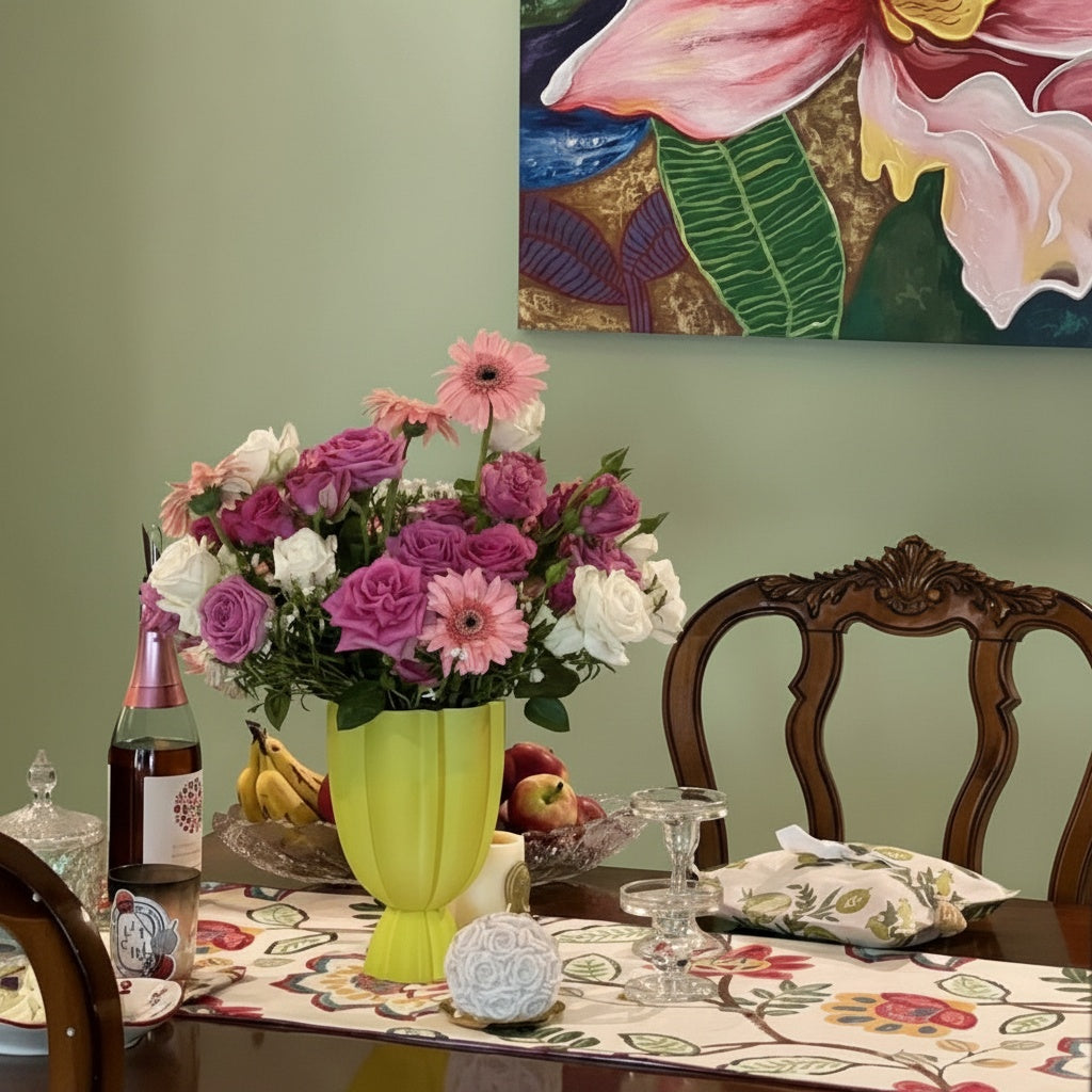 Matte Green Fluted Pedestal Vase on Dining Table