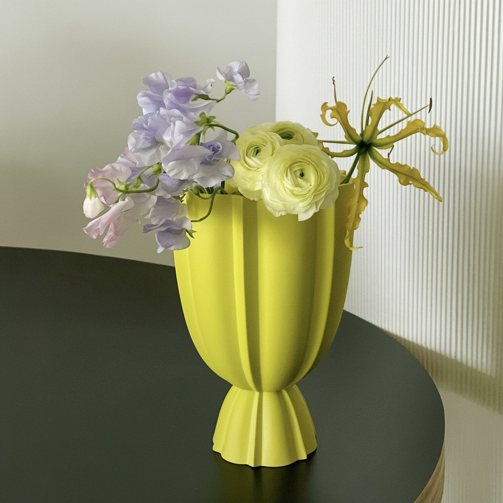 Matte Green Fluted Pedestal Vase with Light Flowers