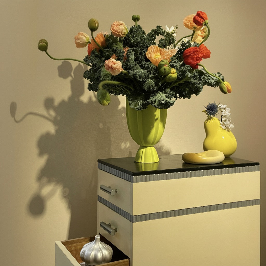 Matte Green Fluted Pedestal Vase on Cabinet