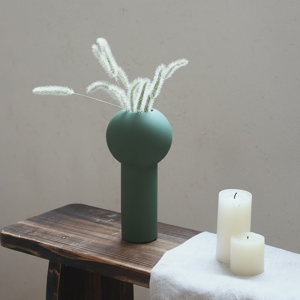 Matte green vase with dried grasses on wooden bench