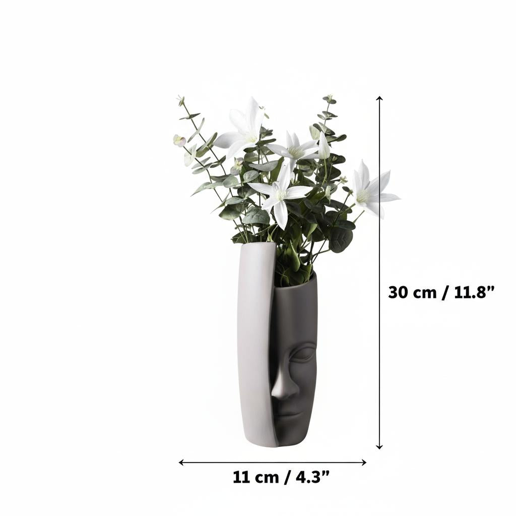 Dimensions diagram of the matte grey face vase