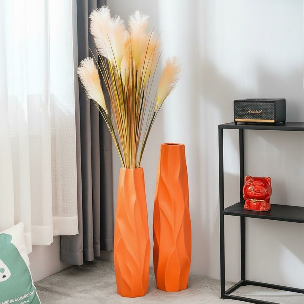 Matte Orange Ceramic Twisted Floor Vase in Living Room Setting