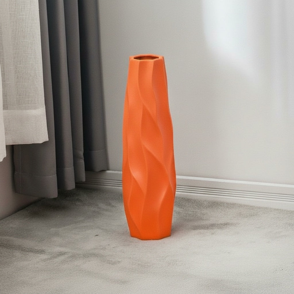 Matte Orange Ceramic Twisted Floor Vase on Floor