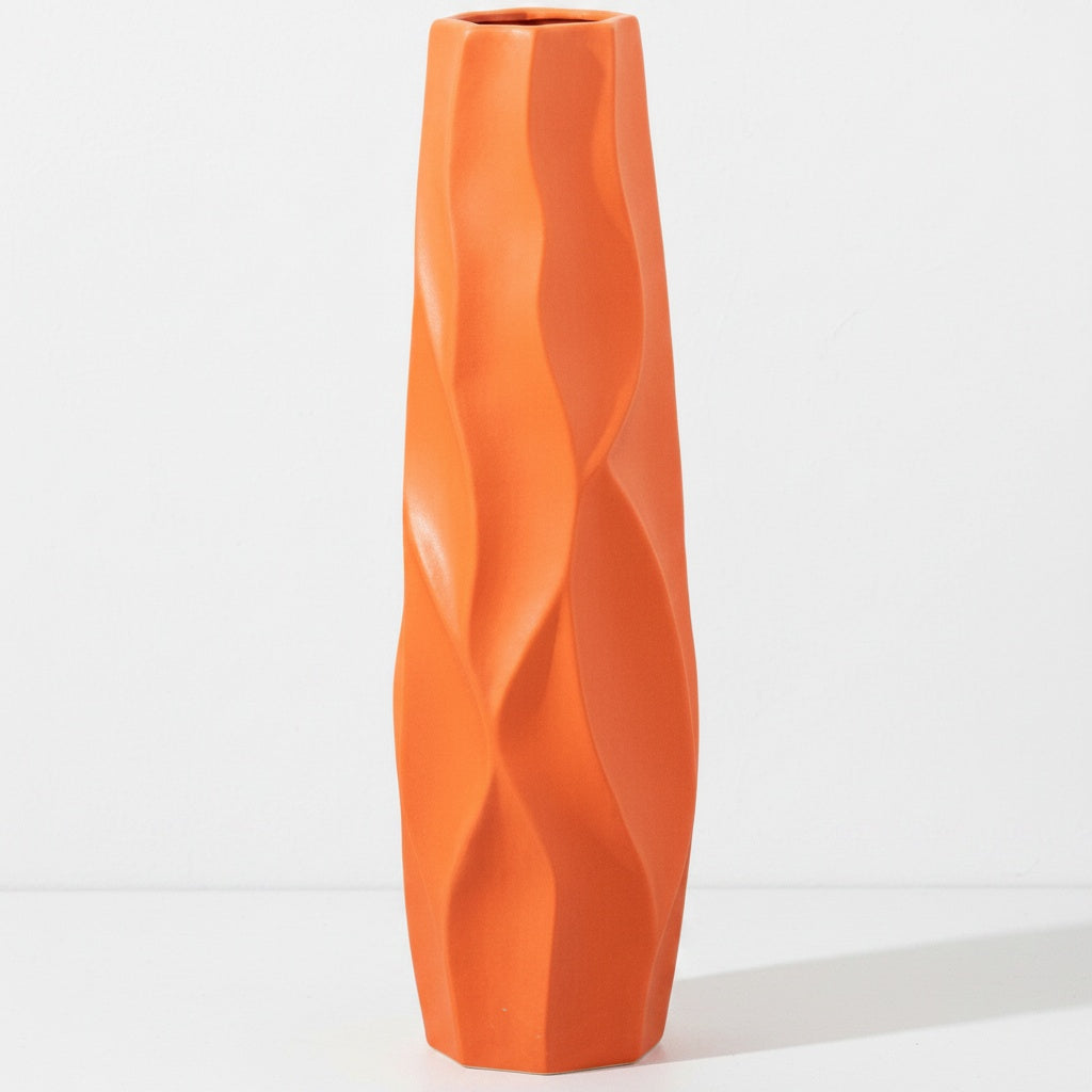 Matte Orange Ceramic Twisted Floor Vase Isolated