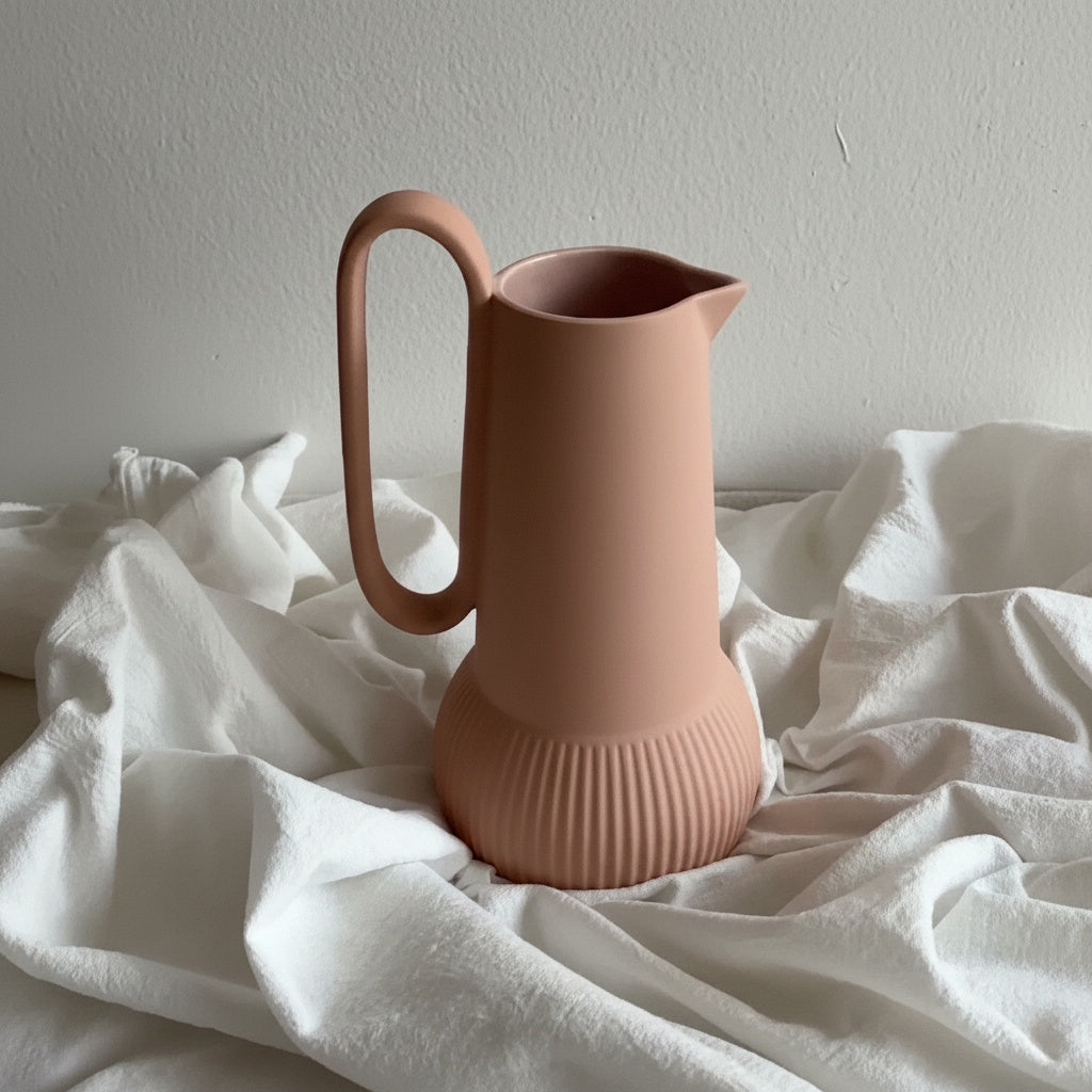 Matte Pink Ceramic Pitcher with Ribbed Base