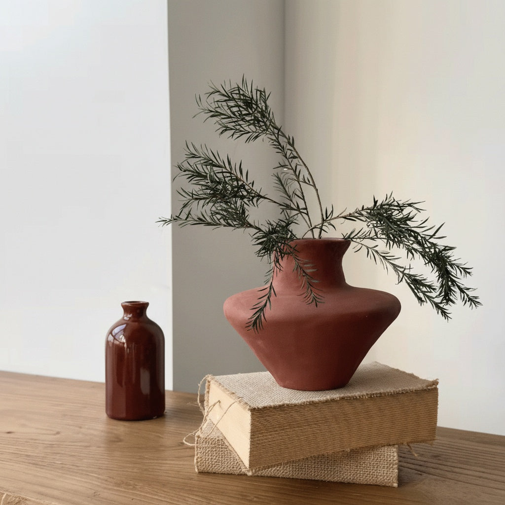 Terracotta vase styled with dried botanicals on books