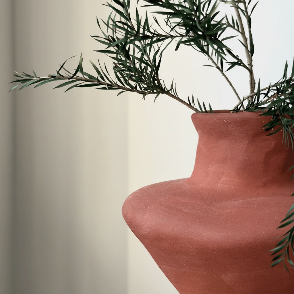 Close up detail of artisanal matte red clay texture