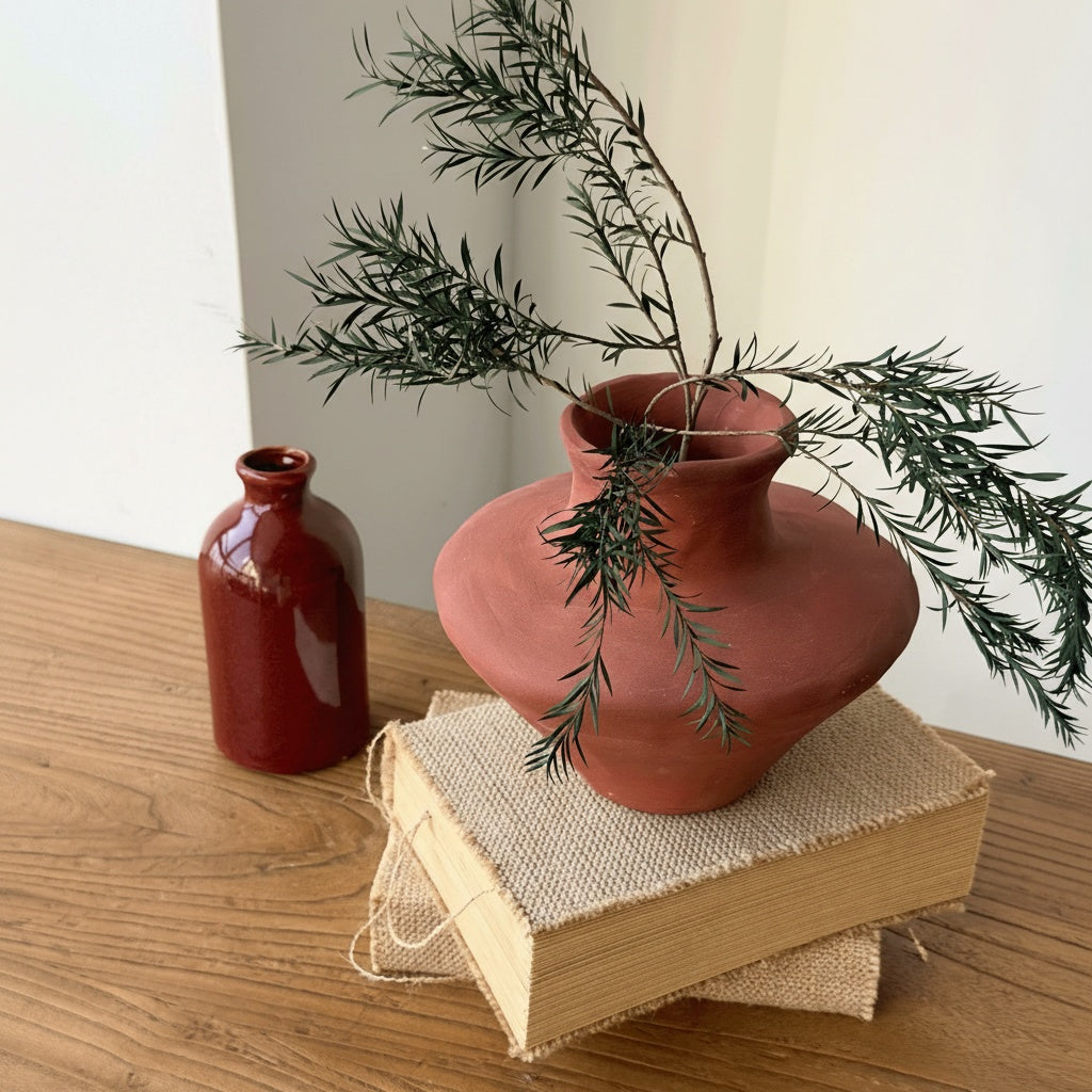 High angle view of wide body terracotta vase with greenery