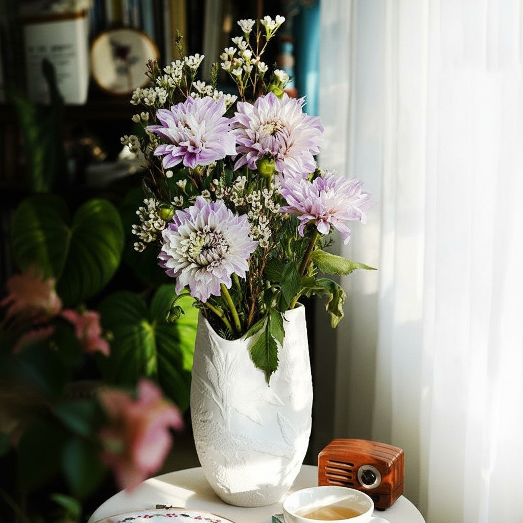 Matte white ceramic vase styled with purple dahlias