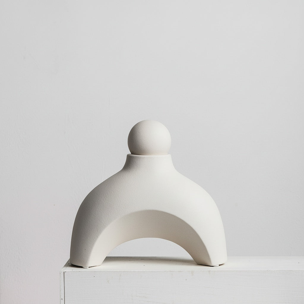 Matte White Ceramic Abstract Arch And Sphere Sculpture