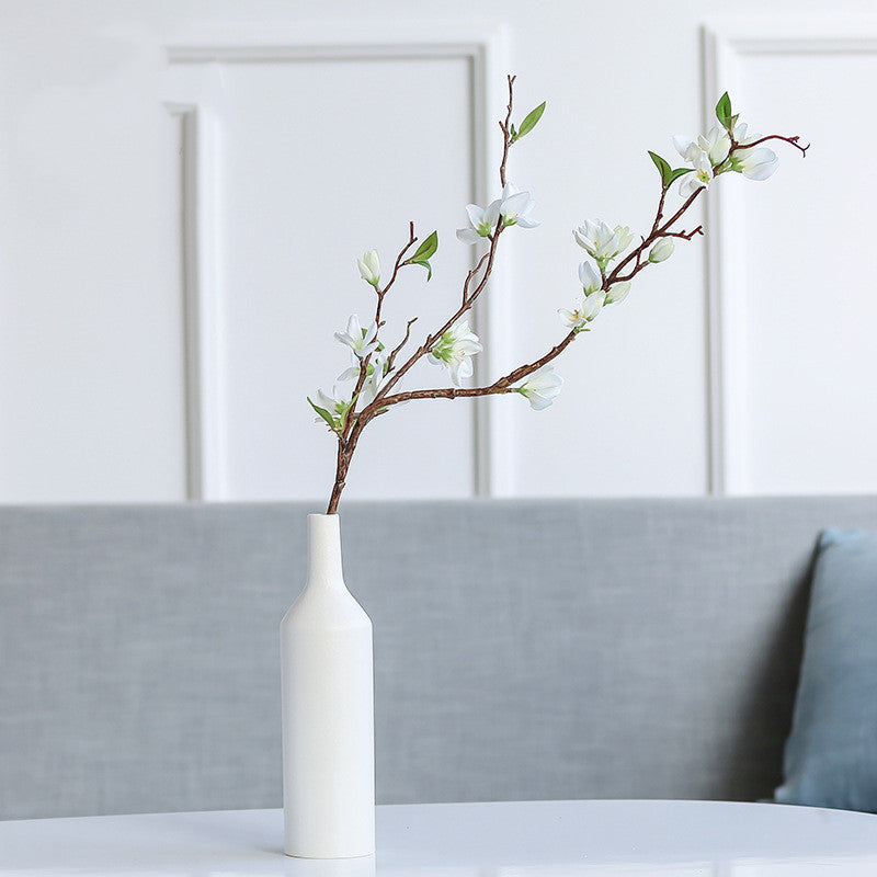 Minimalist white ceramic vase holding white magnolia branch