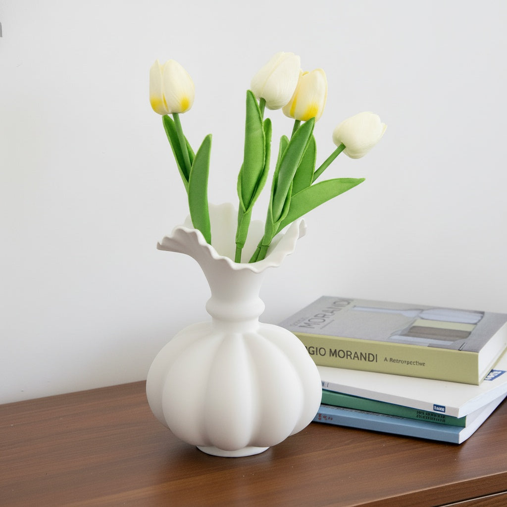 Matte White Ceramic Fluted Vase