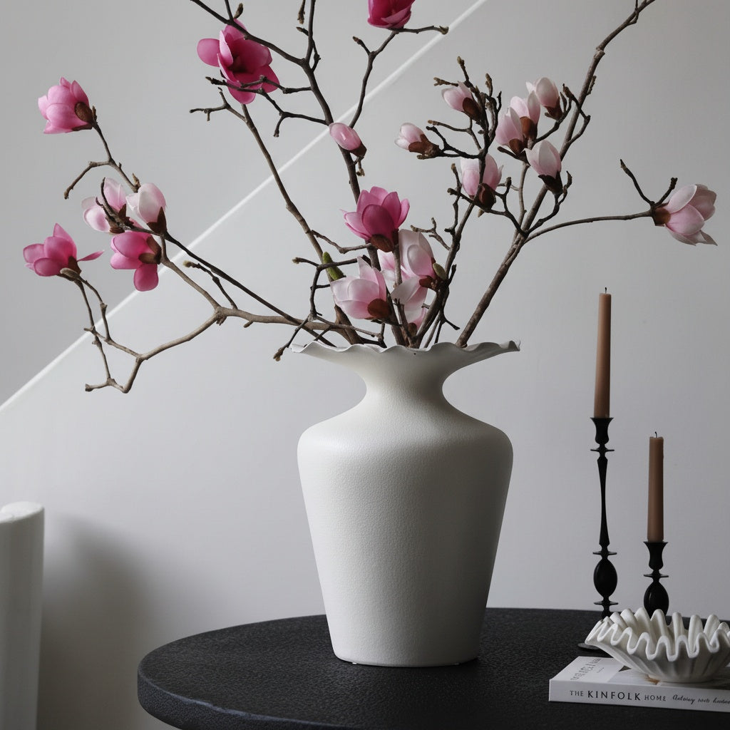 Matte White Ceramic Ruffled Rim Vase with Pink Magnolias