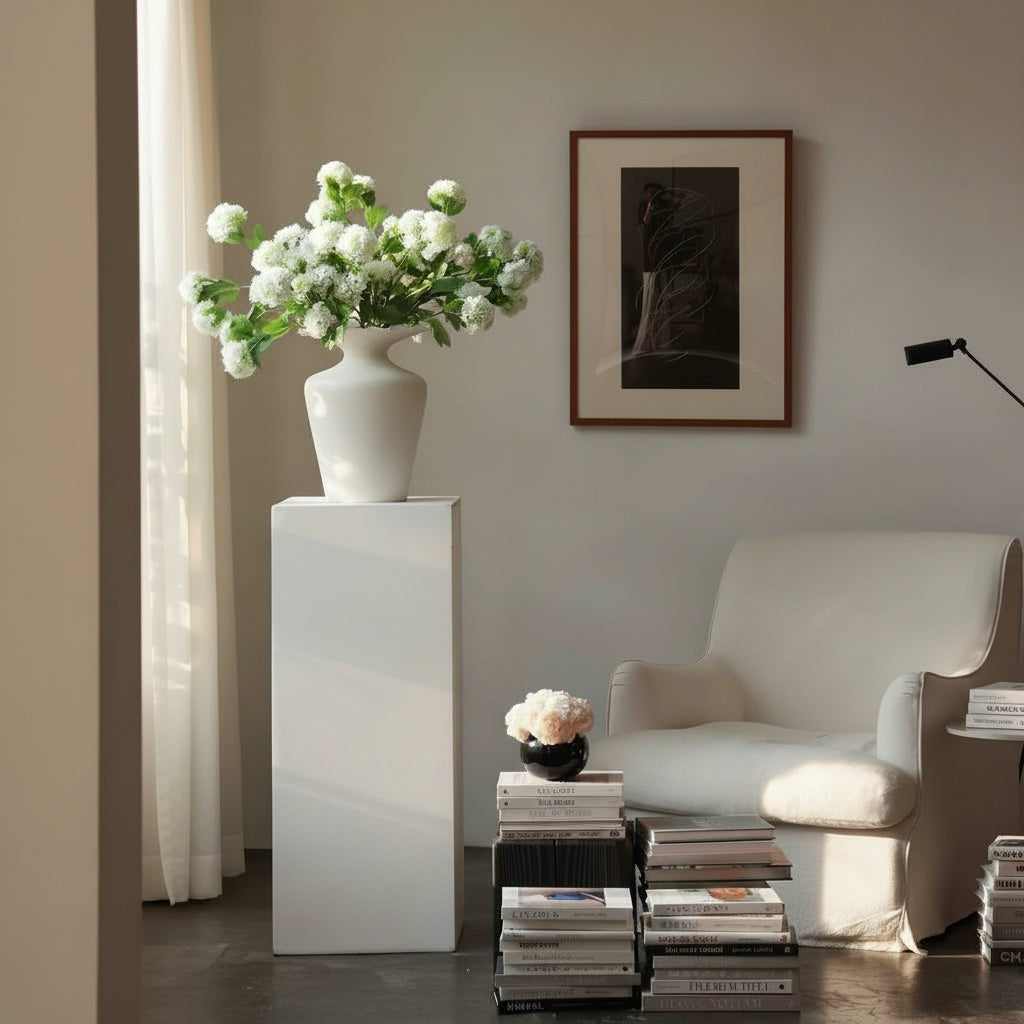 Matte White Ceramic Ruffled Rim Vase on Pedestal
