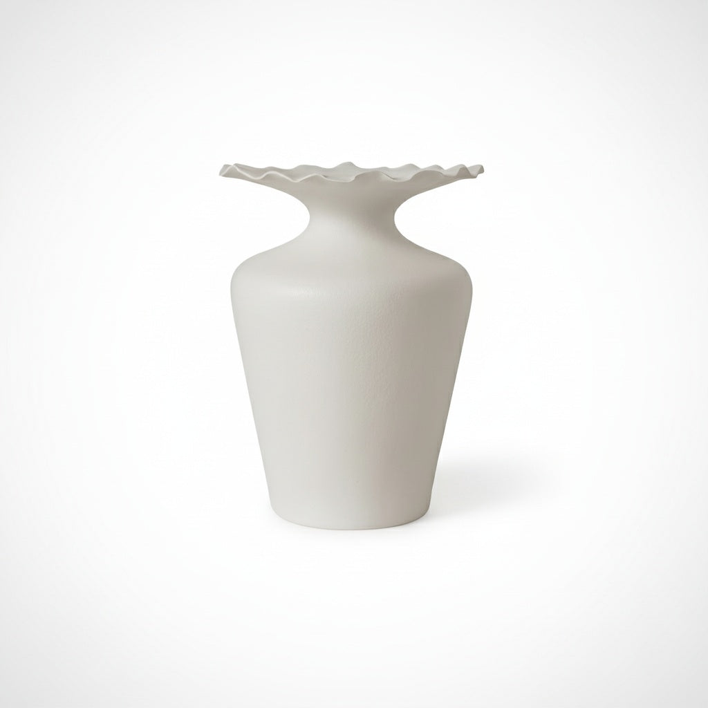 Matte White Ceramic Ruffled Rim Vase
