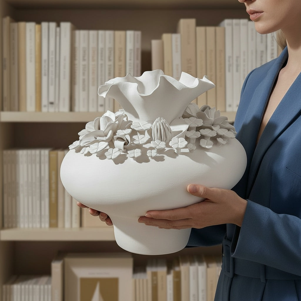 Woman holding the matte white ceramic sculptural floral vase in a library