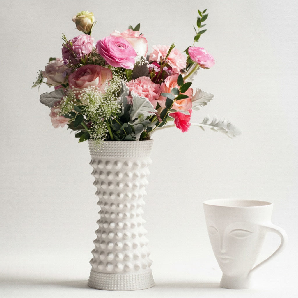 Matte White Ceramic Textured Hourglass Vase