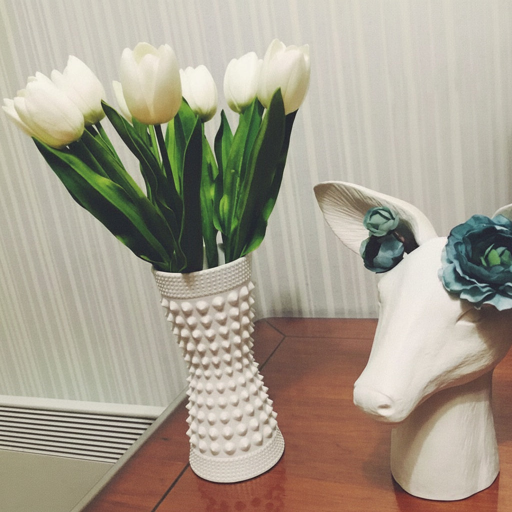 Matte White Ceramic Textured Hourglass Vase