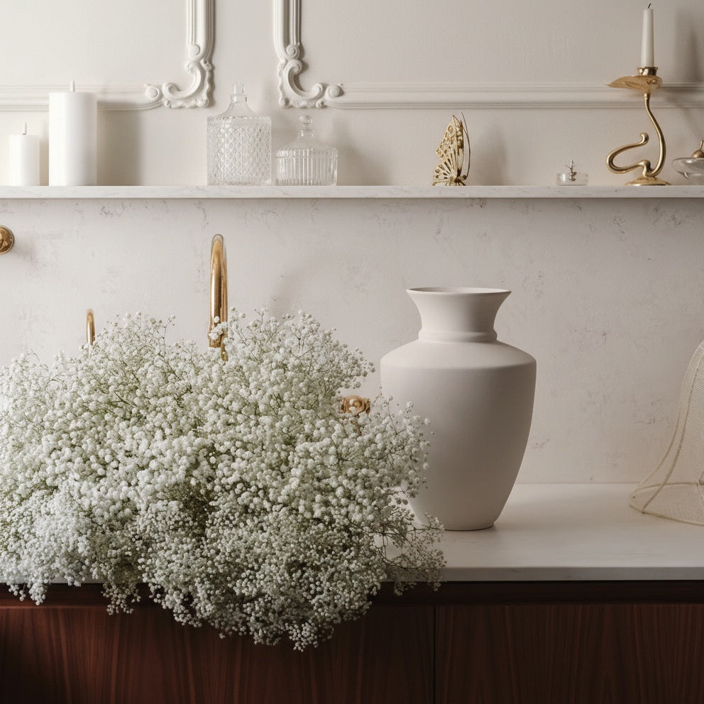 Empty matte white vase on marble shelf