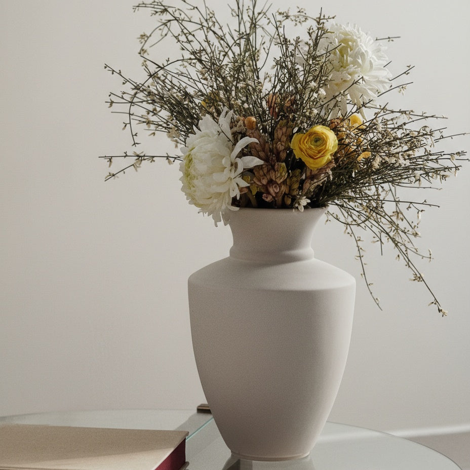 White ceramic vase with mixed floral arrangement