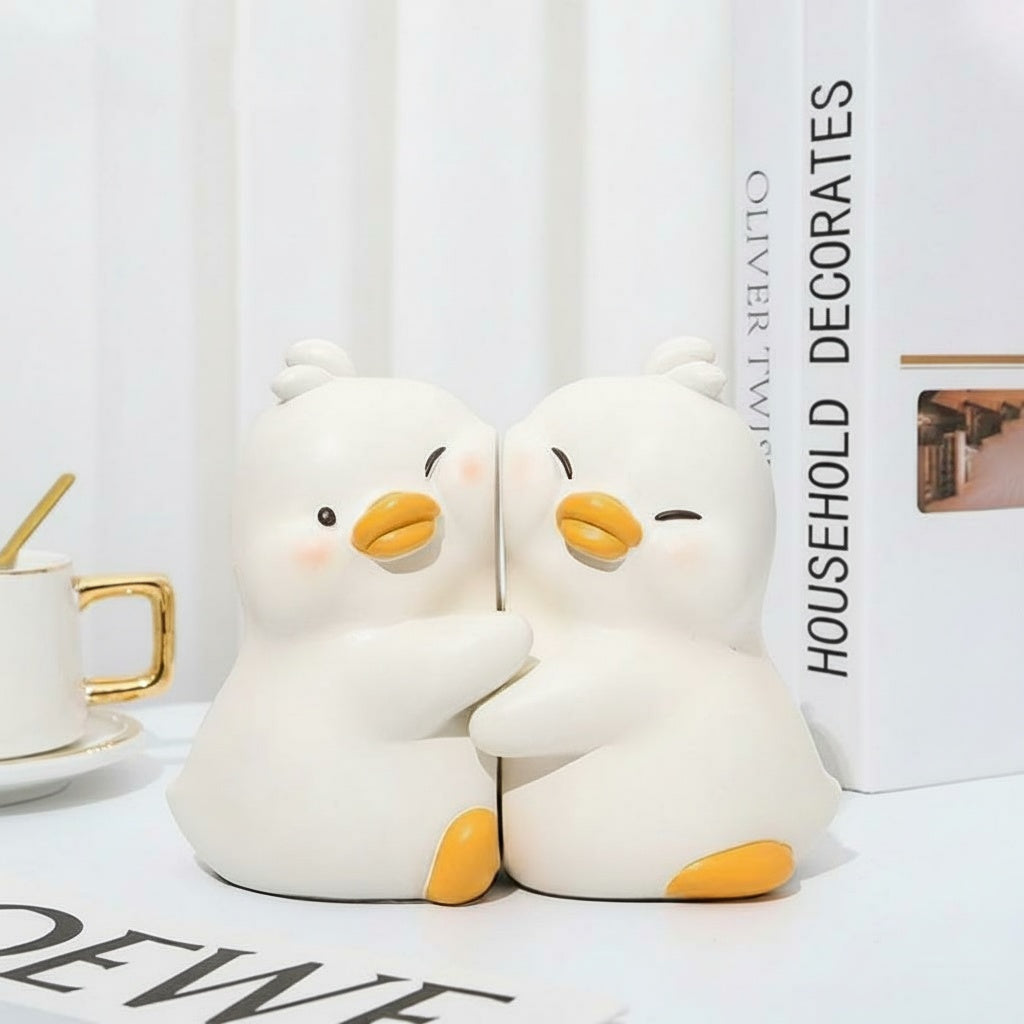 Matte White Resin Duck Bookends Hugging