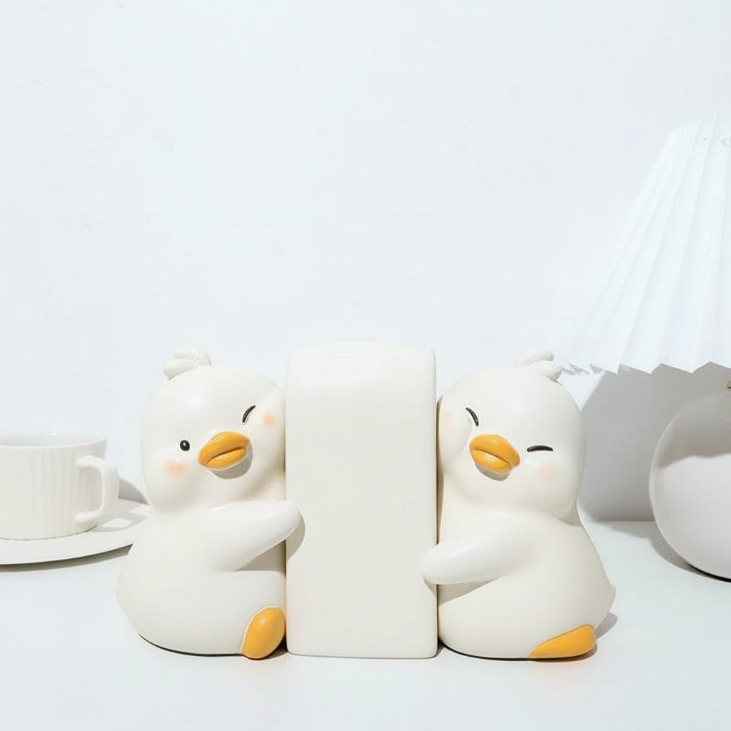 Matte White Resin Duck Bookends Holding Books