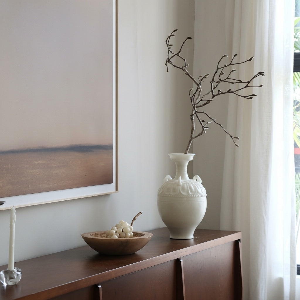 Matte White Sculpted Amphora Vase with intricate leaf details