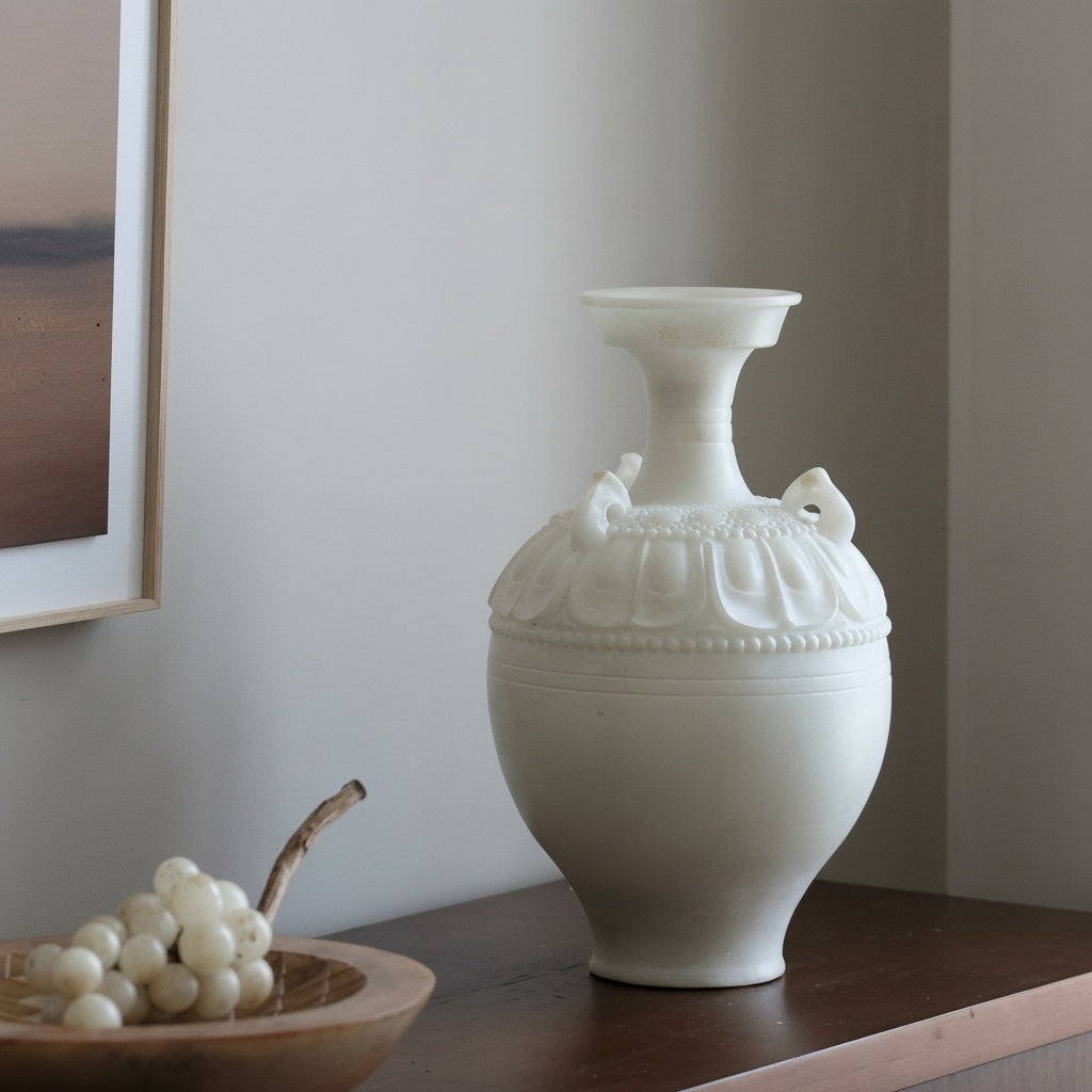 Close up of the Matte White Sculpted Amphora Vase showing classic silhouette
