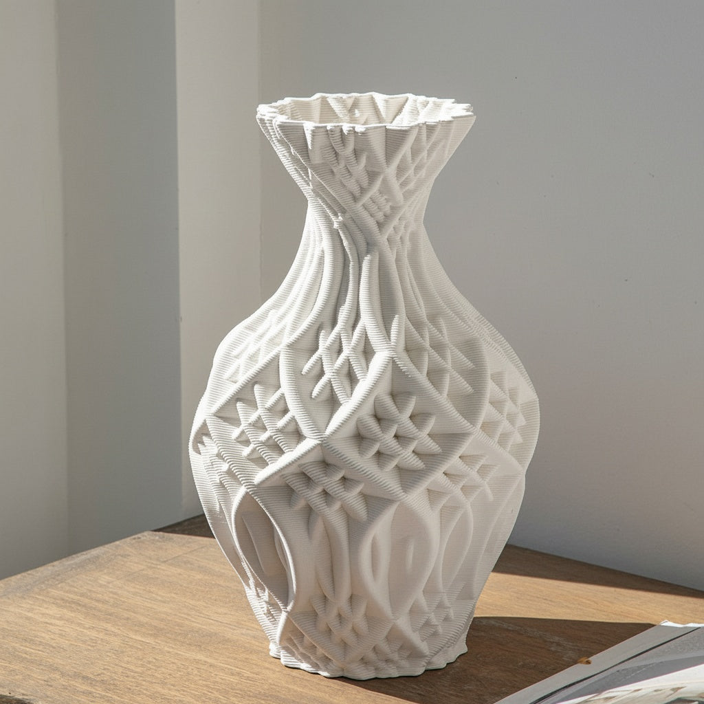 Close-up of the geometric textured white vase