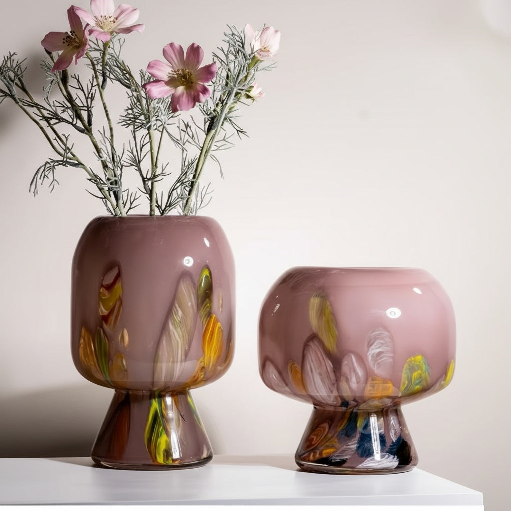 Mauve abstract art glass pedestal vases with flowers