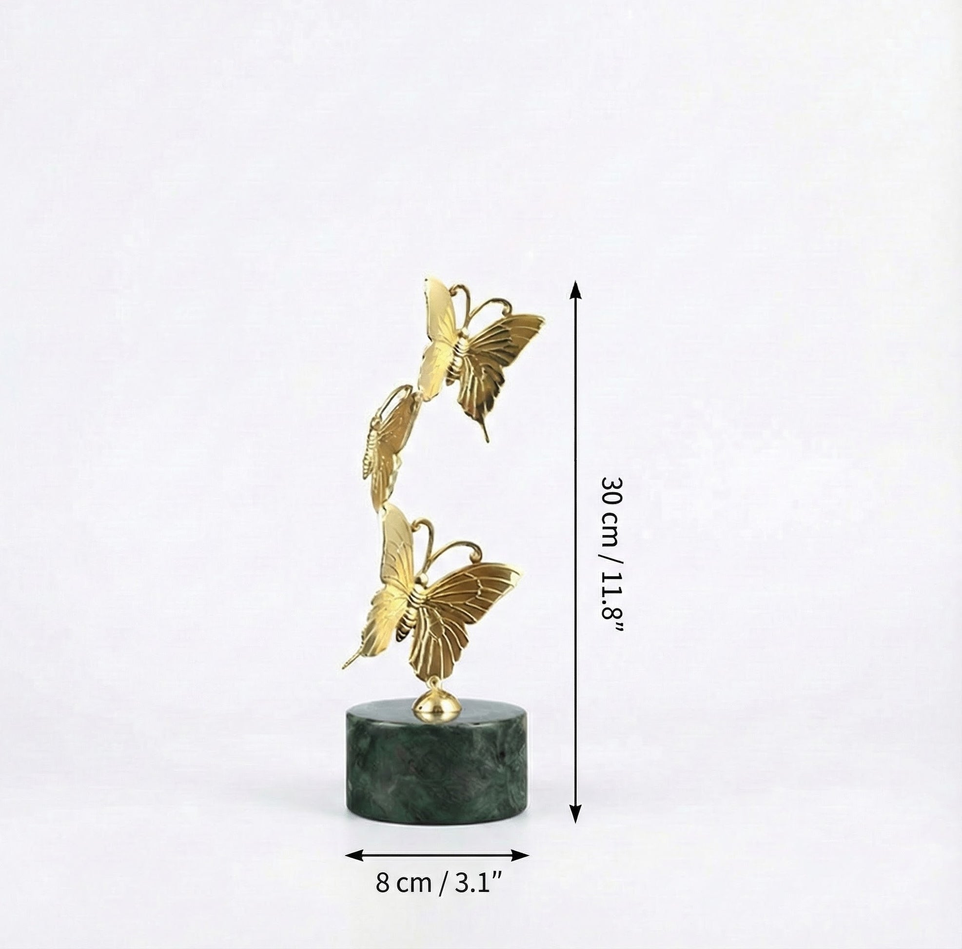 Dimensions of the medium copper butterfly statue showing 30 cm height