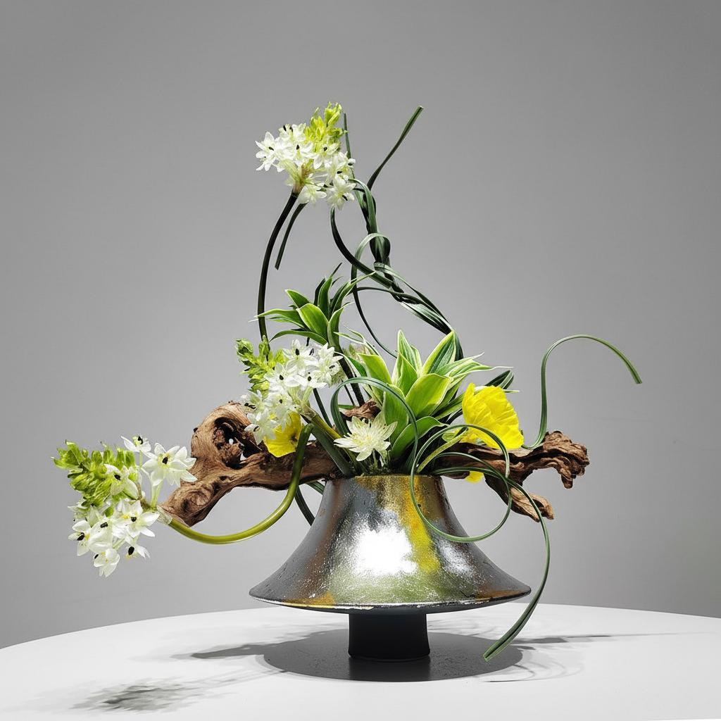 Front view of metallic ikebana floral arrangement with driftwood