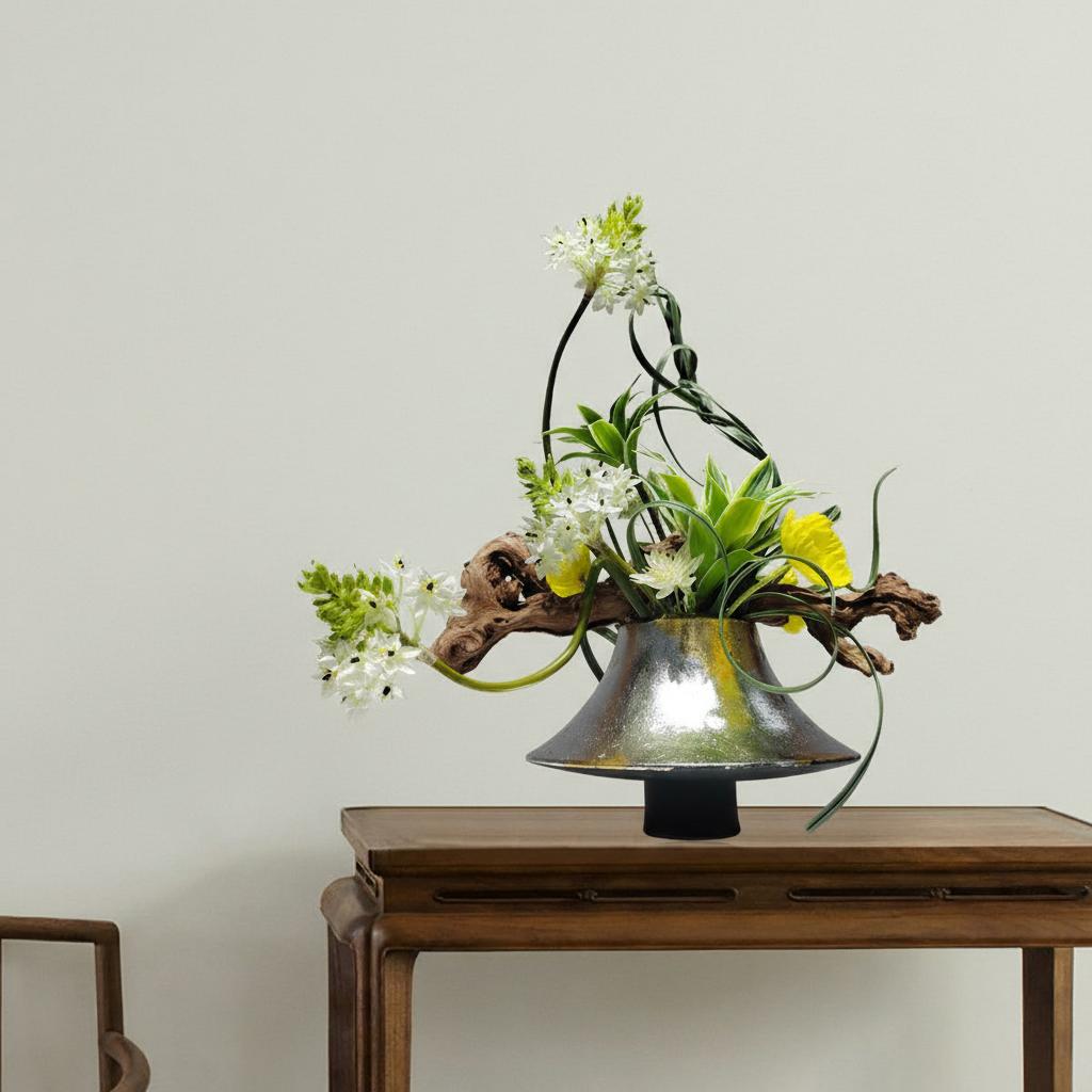 Side view of sculptural floral arrangement in iridescent vessel