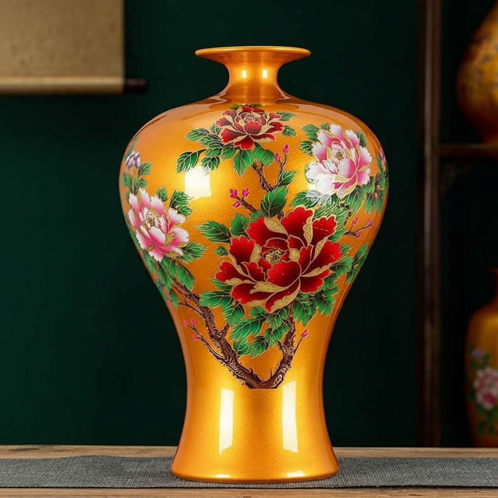 Metallic Gold Floral Ceramic Baluster Vase