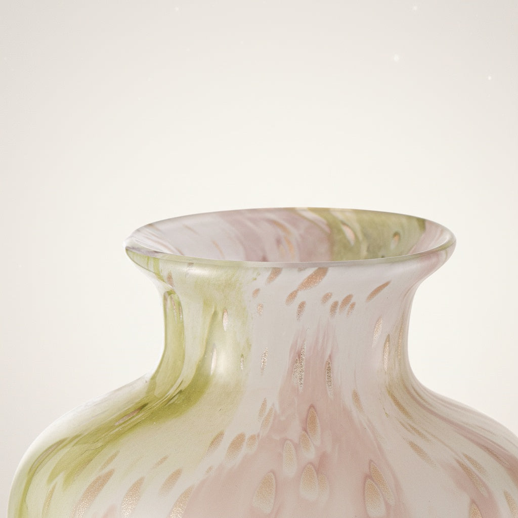 Close up detail of the flared neck and metallic flecks within the art glass vase.