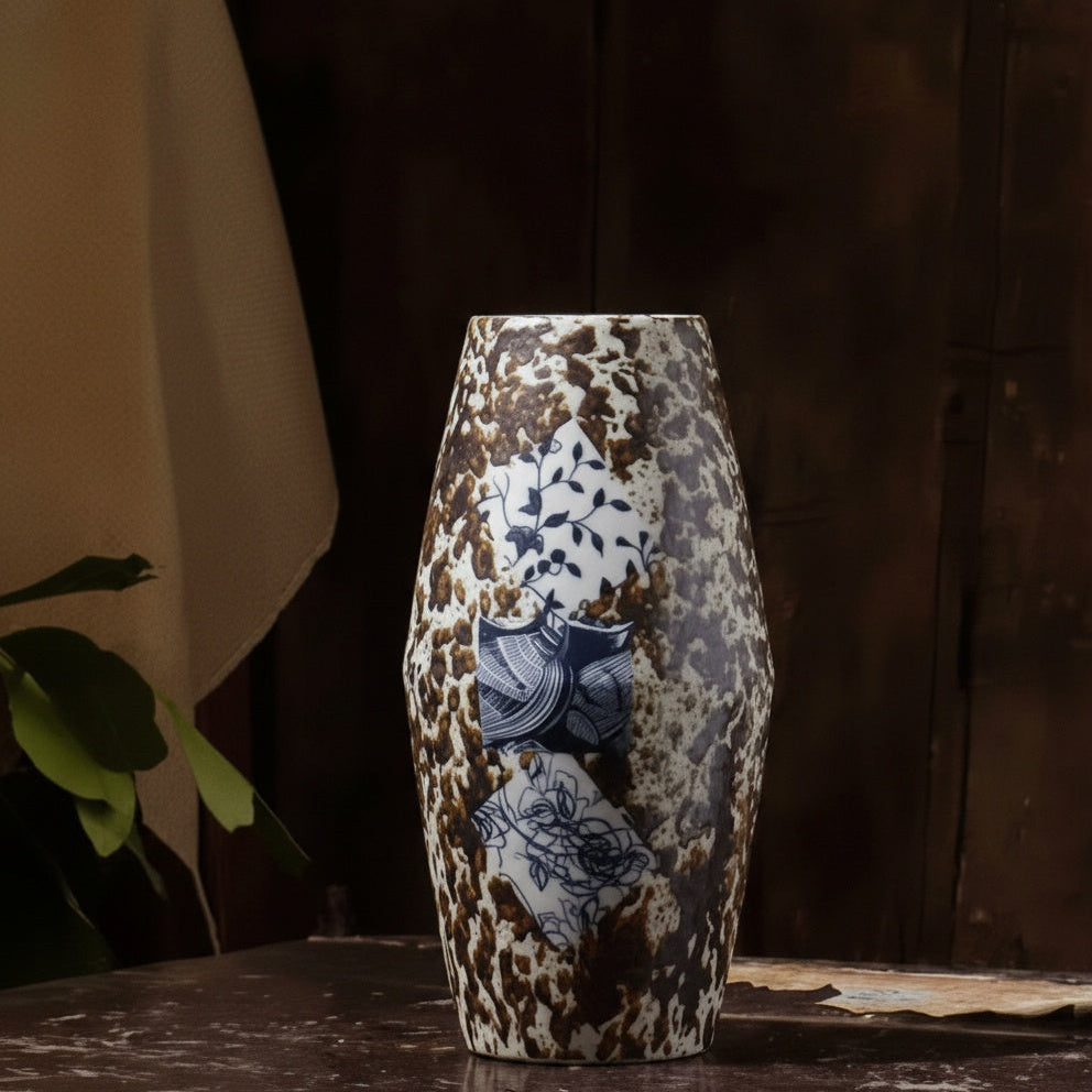 Front view of mottled brown and blue patterned ceramic vase