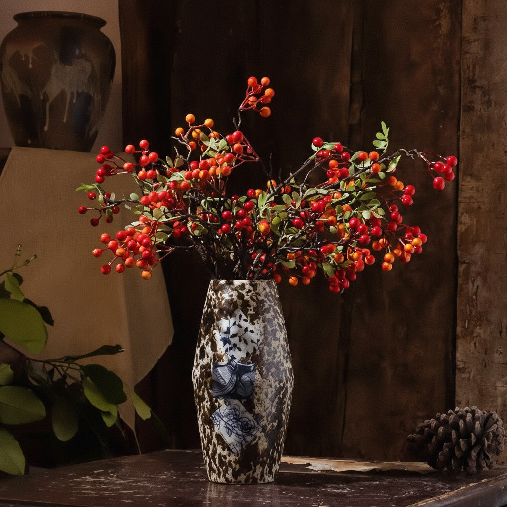 Mottled brown ceramic vase holding red berry arrangement
