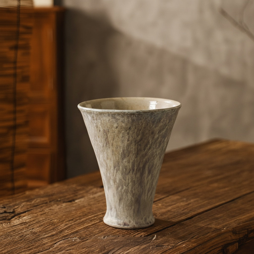 Mottled glaze ceramic flared vase on wooden table