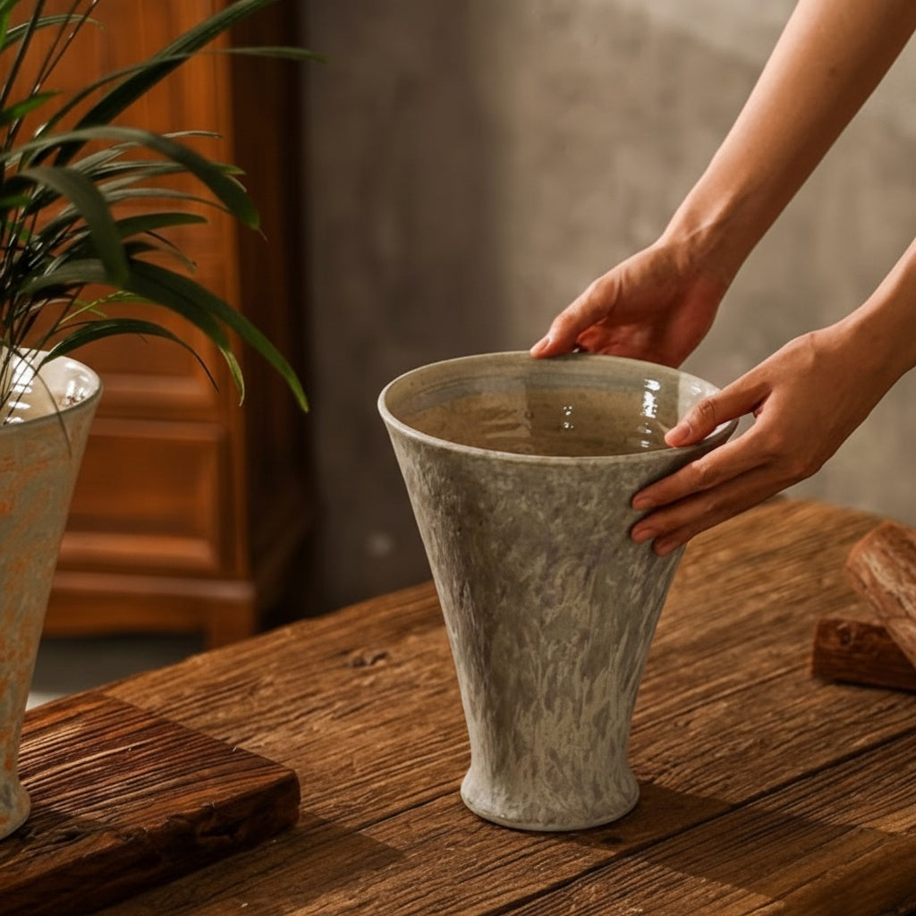 Hands holding mottled ceramic flared vase