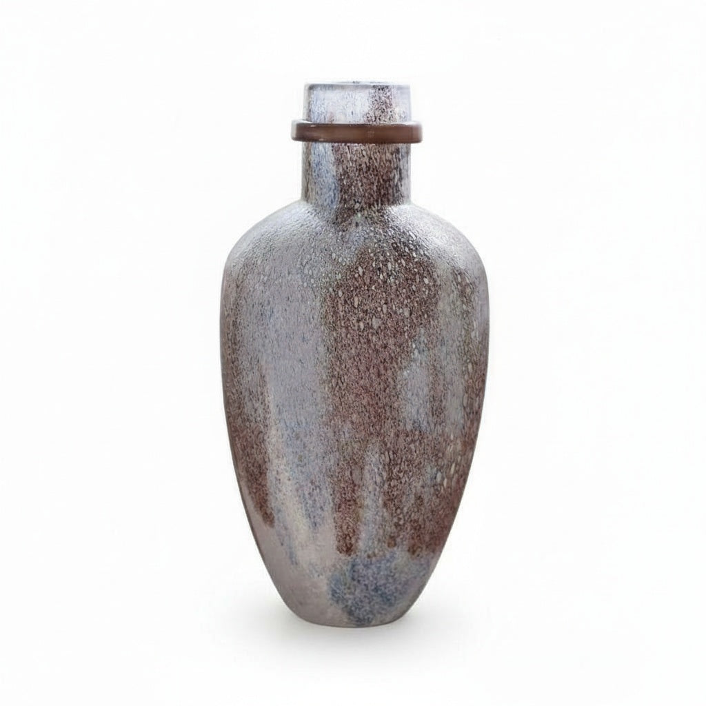 Front view of grey and brown speckled ring neck vase