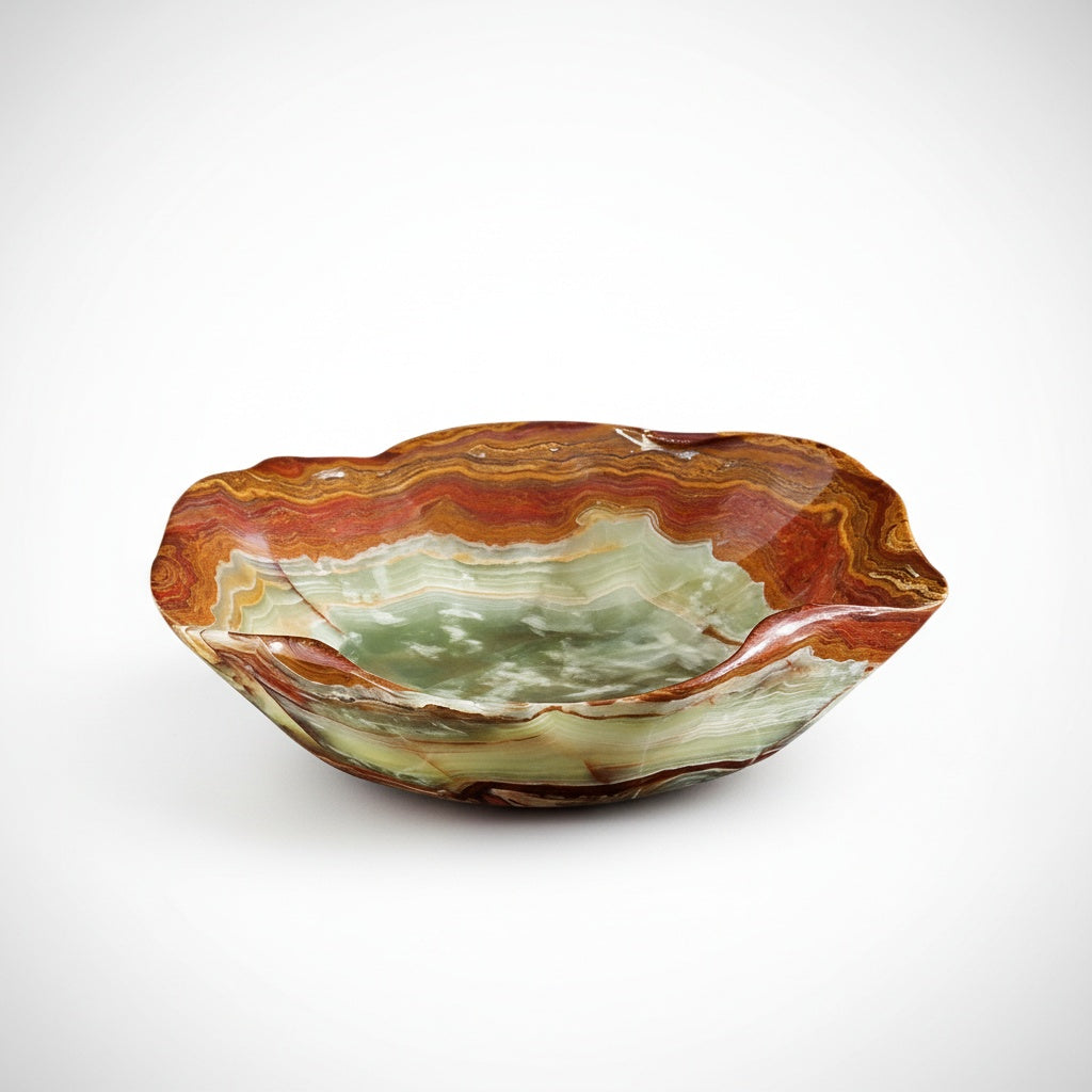 Front view of polished multi-color marble bowl with red and green banding