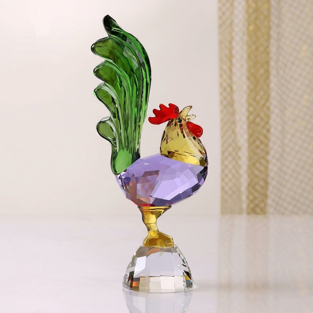 Full view of faceted crystal rooster figurine with purple body and green tail
