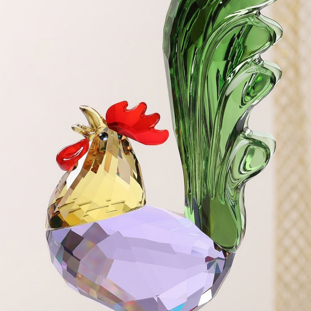 Close up detail of crystal facets on rooster head and chest