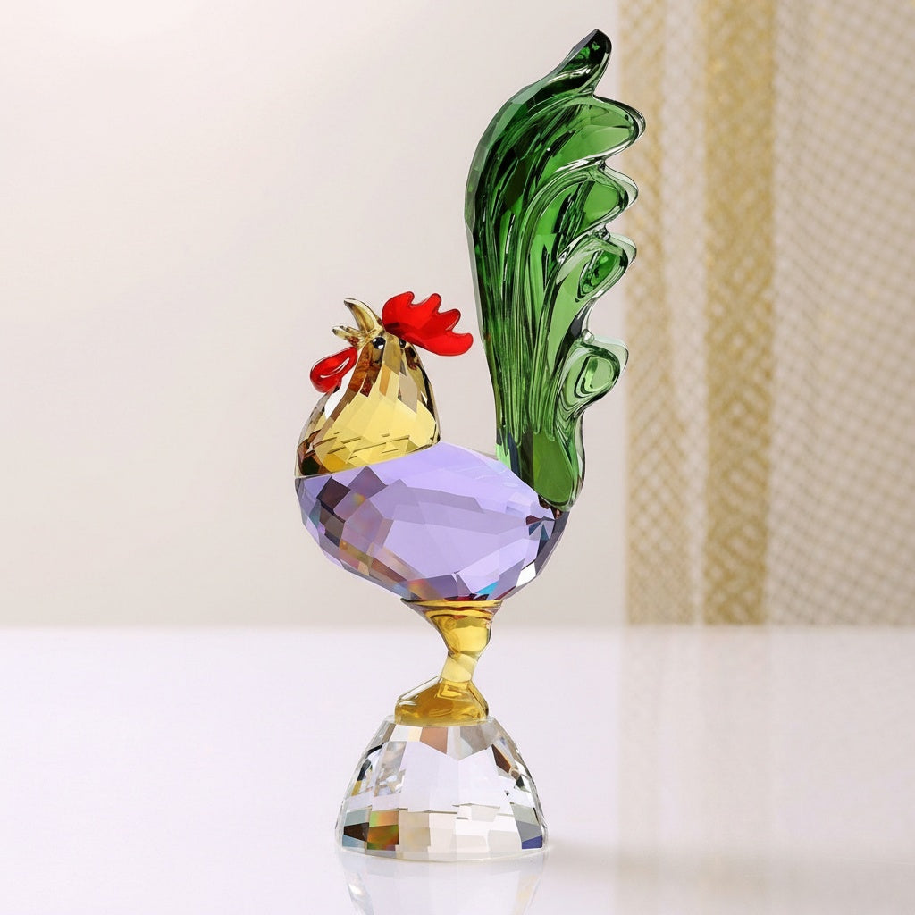 Side angle view of multi-colored crystal rooster sculpture on clear base